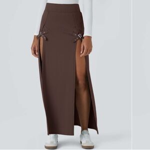 NWT HALARA Brown Maxi buckle Skirt- Side Slits. Stretchy size S. Original bag